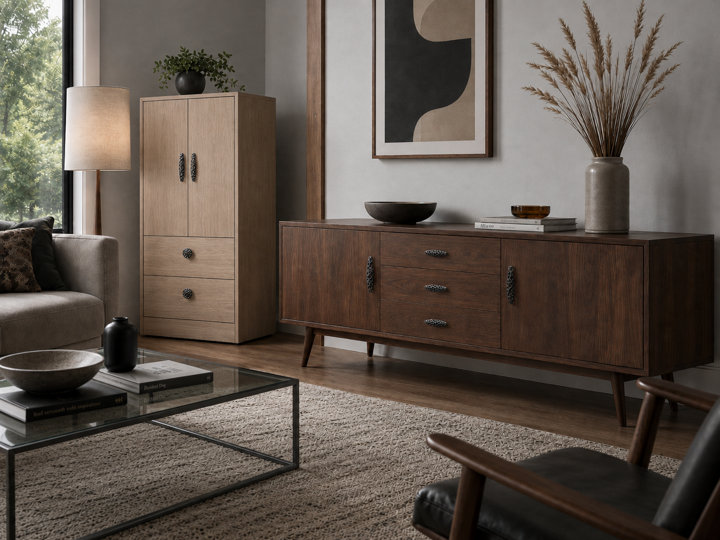 VOLDT Cella pulls on a walnut sideboard and oak cabinet